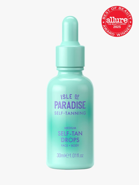 Isle of Paradise Self-Tan Drops in branded teal bottle with pipette on light gray background with red Allure Best of Beauty seal in the top right corner