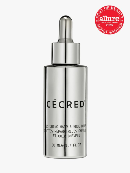 Restoring Hair & Edge Drops in branded silver bottle with pipette on light gray background with red Allure Best of Beauty seal in the top right corner