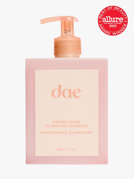 dae Desert Detox Clarifying Shampoo in branded pink bottle with peach pump on light gray background with red Allure Best of Beauty seal in the top right corner
