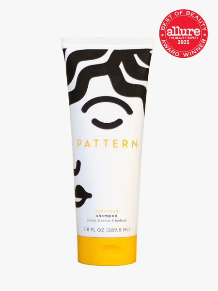 PATTERN Beauty, Hydration Shampoo in branded white and black tube with yellow cap on light gray background with red Allure Best of Beauty seal in the top right corner