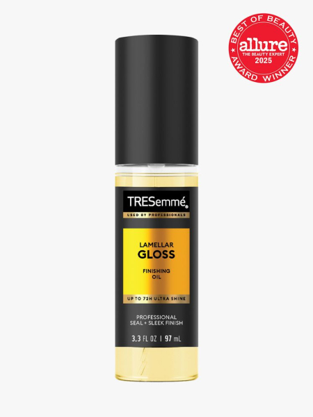 Tresemmé Lamellar Shine Finishing Oil in branded clear bottle with black cap on light gray background with red Allure Best of Beauty seal in the top right corner
