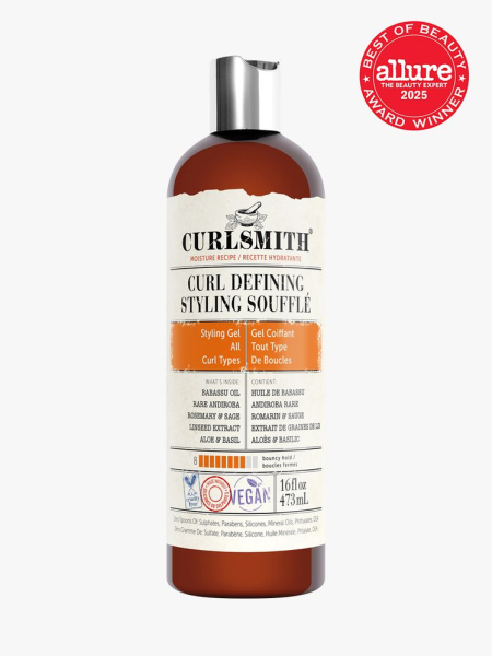 Curlsmith Curl Defining Styling Souffle in branded amber bottle with silver cap on light gray background with red Allure Best of Beauty seal in the top right corner