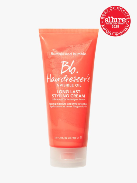 Bb.Hairdresser’s Invisible Oil Long Last Styling Cream in branded coral tube with clear cap on light gray background with red Allure Best of Beauty seal in the top right corner