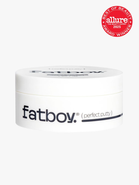 Fatboy Perfect Putty in branded white jar with lid on light gray background with red Allure Best of Beauty seal in the top right corner