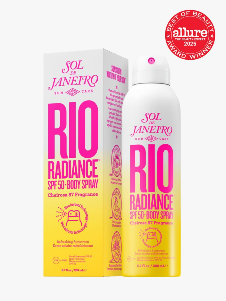 Sol de Janeiro Rio Radiance SPF 50 Body Spray in branded white and yellow aerosol bottle next to box packaging on light gray background with red Allure Best of Beauty seal in the top right corner