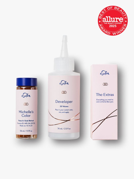  eSalon Custom Hair Color Set three light pink pieces of a hair coloring kit on light gray background with red Allure Best of Beauty seal in the top right corner