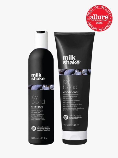 milk_shake Icy Blond shampoo and conditioner in branded black bottle and tube with white closures on light gray background with red Allure Best of Beauty seal in the top right corner