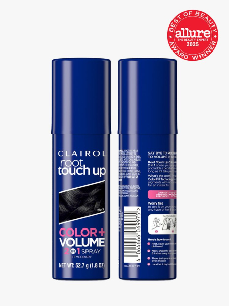 Clairol Root Touch-Up Color + Volume 2-in-1 Spray in branded blue bottles with caps on light gray background with red Allure Best of Beauty seal in the top right corner