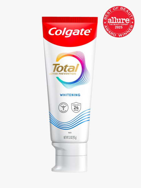 Colgate Total Active Prevention Whitening Toothpaste in branded white tube with cap on light gray background with red Allure Best of Beauty seal in the top right corner