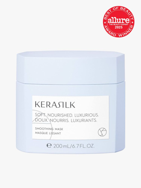 KERASILK Smoothing Mask in branded blue jar with lid on light gray background with red Allure Best of Beauty seal in the top right corner