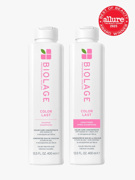 Biolage Professional Hair Spa Color Last Shampoo & Conditioner two white bottles of shampoo and conditioner with pink text on light gray background with red Allure Best of Beauty seal in the top right corner