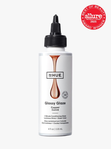 dpHUe Glossy Glaze in branded white bottle with black applicator cap on light gray background with red Allure Best of Beauty seal in the top right corner