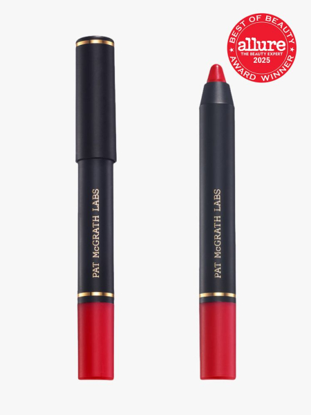 Pat McGrath Labs Dramatique Mega Lip Pencils in branded black and red pencil applicators on light gray background with red Allure Best of Beauty seal in the top right corner