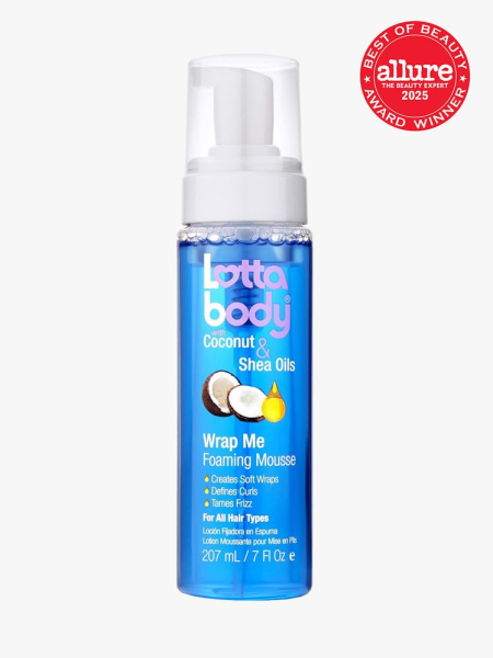Lottabody Wrap Me Foaming Mousse in branded clear bottle with white foam pump on light gray background with red Allure Best of Beauty seal in the top right corner