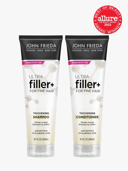 John Frieda ULTRAFiller+ Shampoo and Conditioner two white tubes of shampoo and conditioner on light gray background with red Allure Best of Beauty seal in the top right corner