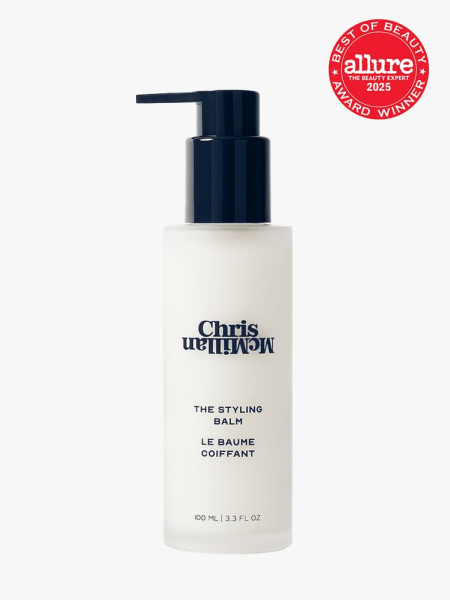 Chris McMillan The Styling Balm white bottle with black pump on light gray background with red Allure Best of Beauty seal in the top right corner