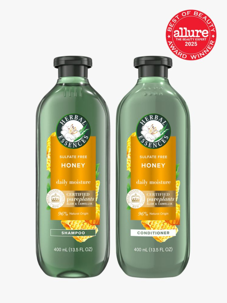 Herbal Essences Honey Daily Moisture Shampoo & Conditioner two green bottles of shampoo and conditioner on light gray background with red Allure Best of Beauty seal in the top right corner