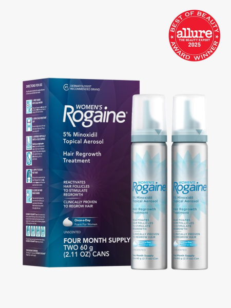 Women's Rogaine 5% Minoxidil Unscented Foam bottles next to branded box packaging on light gray background with red Allure Best of Beauty seal in the top right corner