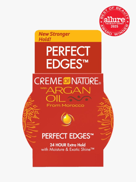Creme of Nature Argan Oil from Morocco Perfect Edges Firm Hold Edge Control in branded red jar on light gray background with red Allure Best of Beauty seal in the top right corner