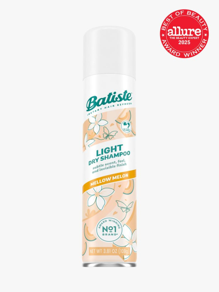 Light Dry Shampoo Mellow Melon in branded aerosol bottle on light gray background with red Allure Best of Beauty seal in the top right corner