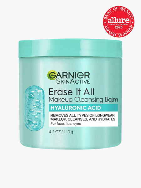 Garnier Erase It All Makeup Cleansing Balm with Hyaluronic Acid in branded teal jar with twist cap on light gray background with red Allure Best of Beauty seal in the top right corner