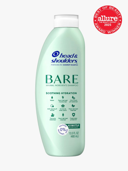Head & Shoulders BARE Soothing Hydration in branded soft mint bottle with white cap on light gray background with red Allure Best of Beauty seal in the top right corner